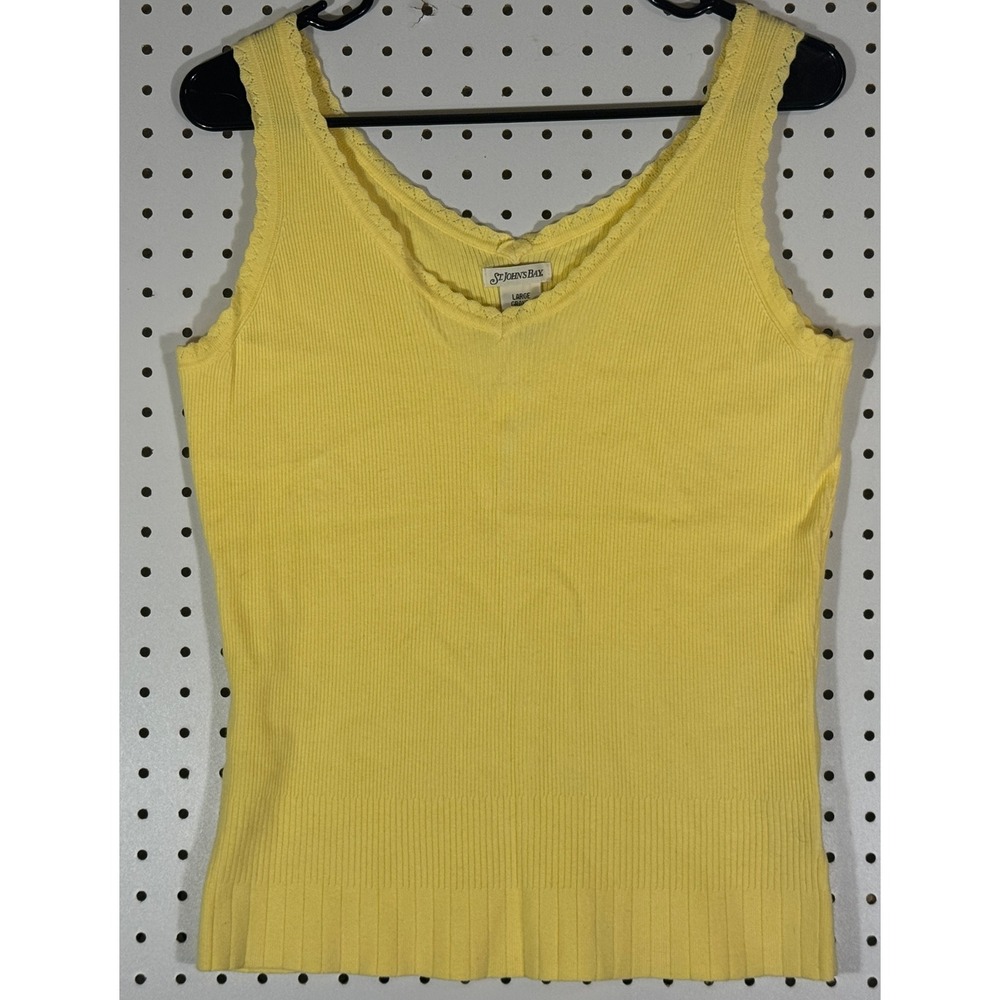St Johns Bay Womens Yellow Ribbed Lace Trim V-Neck Tank Top Large 729541